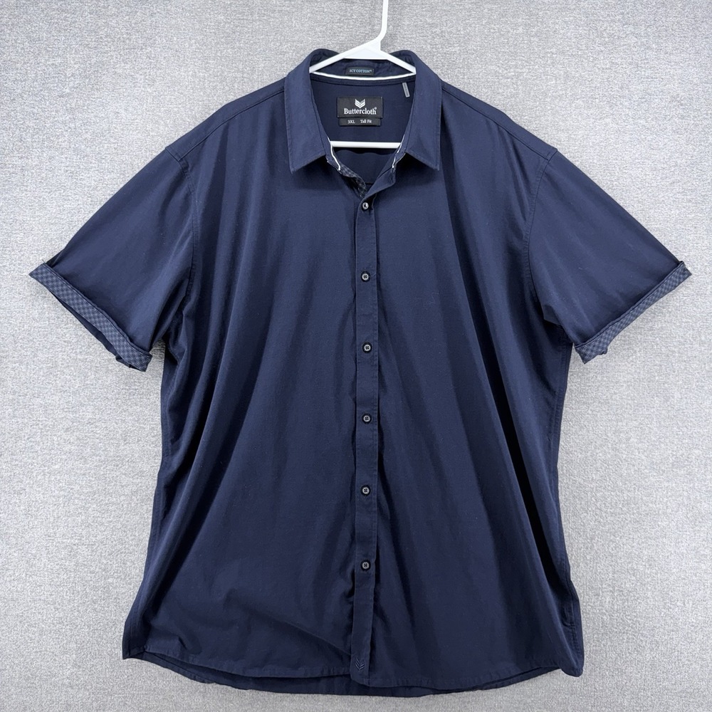 Butter Cloth Shirt Men Size 3XL Tall Fit Blue Short Sleeve Button Up Icy Cotton